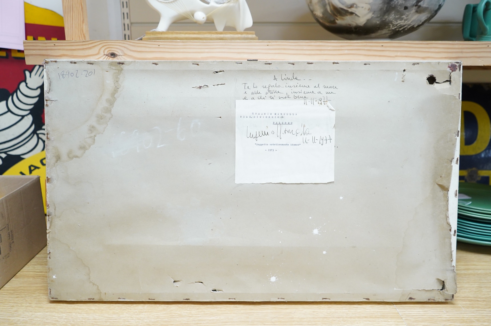 Attributed to Eugenio Manzella (Italian), Abstract composition, unsigned, label and inscriptions verso, 1970’s oil on canvas, 28 x 58cm